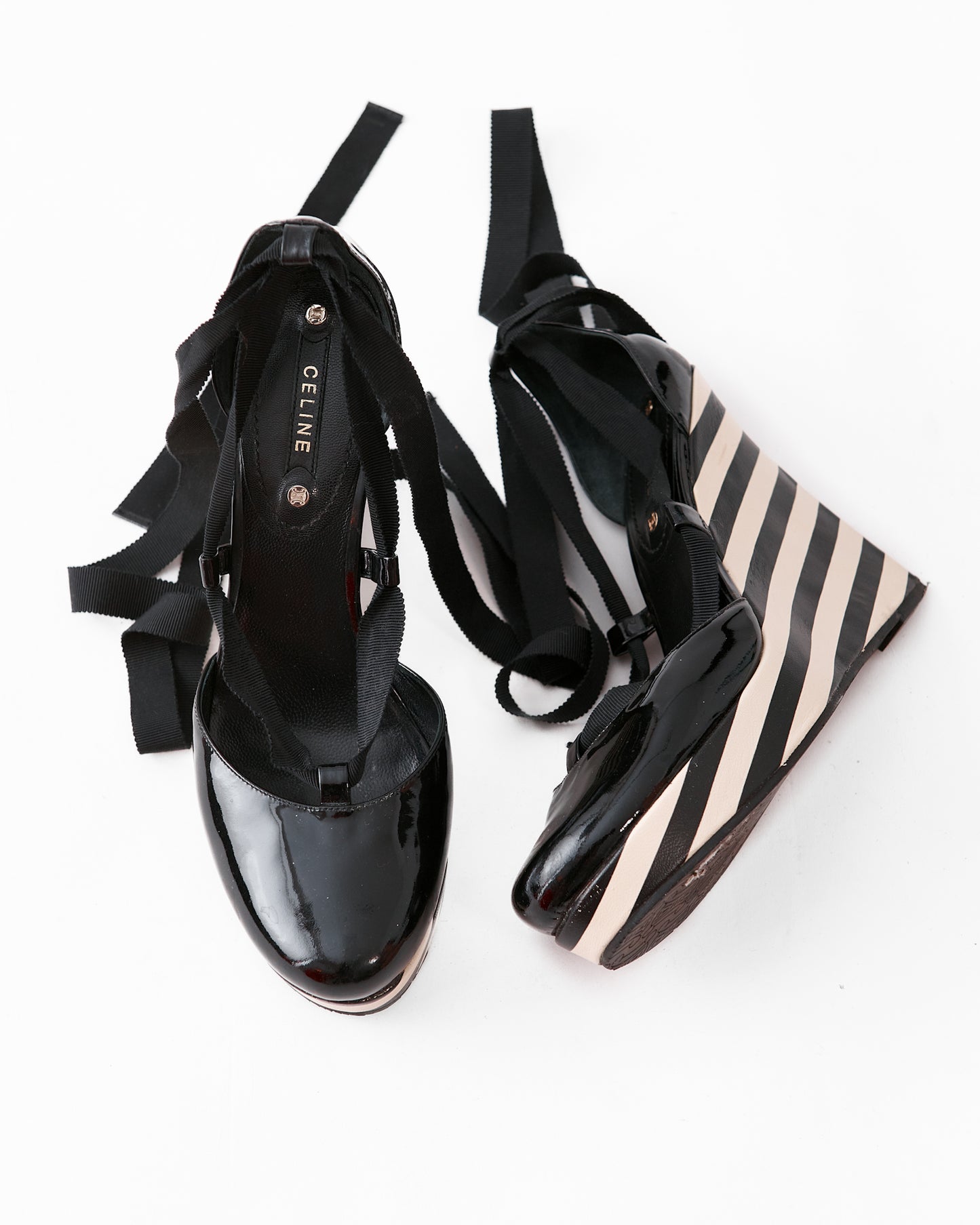 Celine Patent Striped Platform Wedges / Size 38