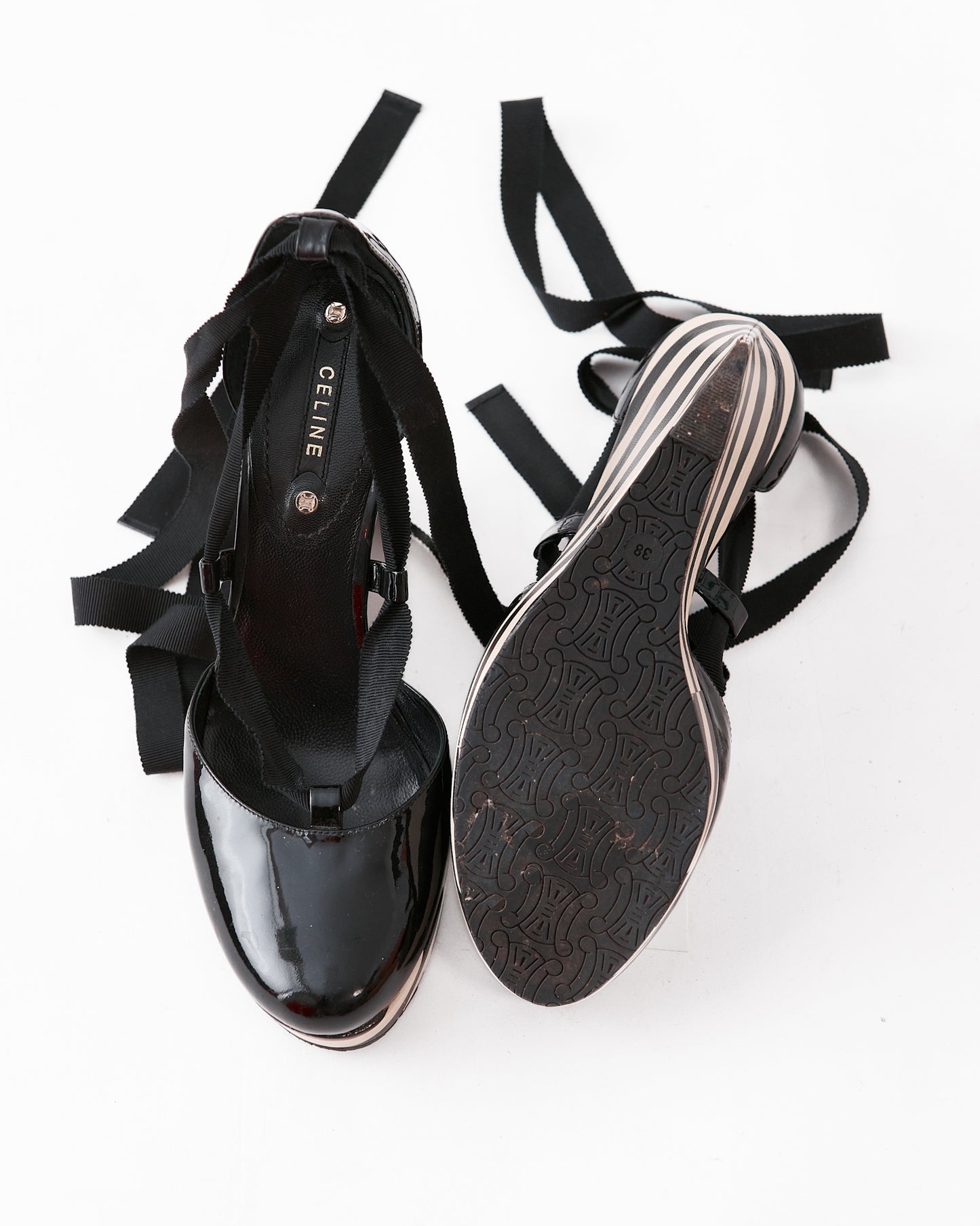 Celine Patent Striped Platform Wedges / Size 38