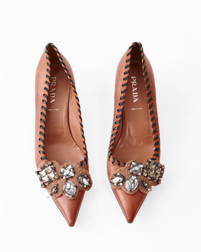 Prada Leather Whipstitch Trim Kitten Heels / Size 38