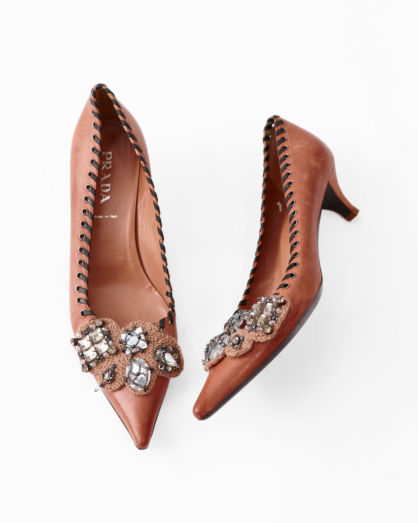 Prada Leather Whipstitch Trim Kitten Heels / Size 38