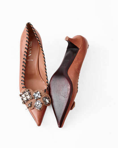 Prada Leather Whipstitch Trim Kitten Heels / Size 38