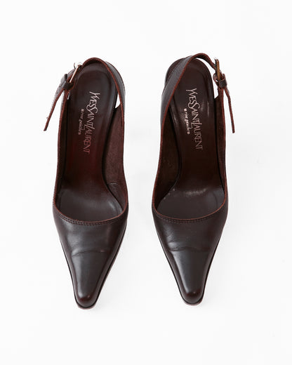 Saint Laurent Brown Leather Slingback Pumps / Size 39