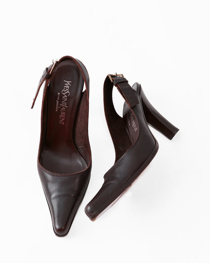 Saint Laurent Brown Leather Slingback Pumps / Size 39