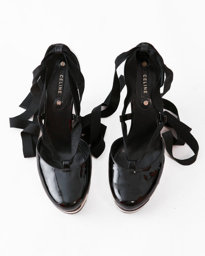 Celine Patent Striped Platform Wedges / Size 38