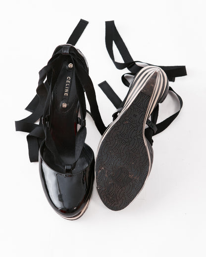 Celine Patent Striped Platform Wedges / Size 38